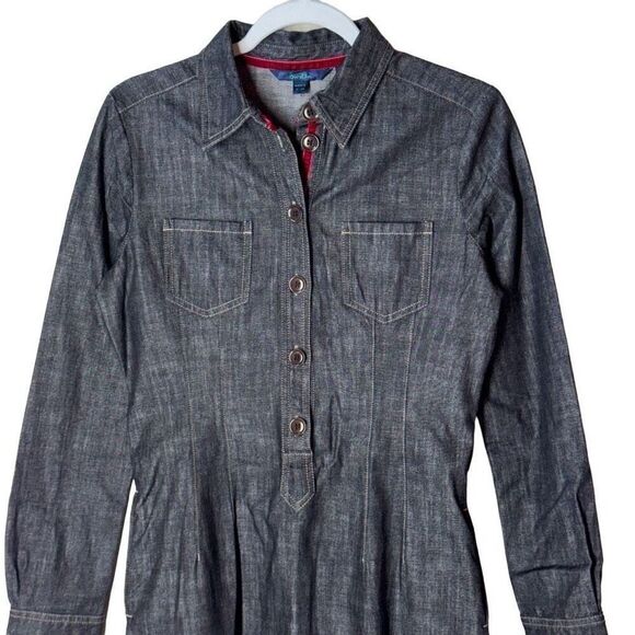Boden Denim Shirt Dress in Black Wash Red Velvet Trim Half Button Front 8R - Picture 9 of 13